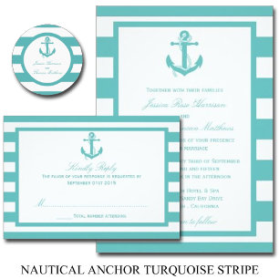 Nautical Turquoise Stripe Anchor Wedding Invitation