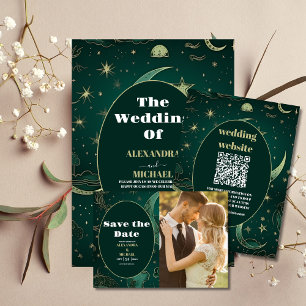 Elegant Emerald Green Gold Celestial  Wedding Invitation