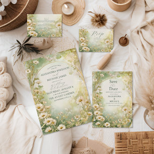 Art Nouveau Daisies Ivory Green Wedding All In One Invitation