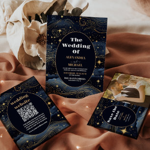 QR Code Celestial Midnight Blue Stars Moon Wedding All In One Invitation