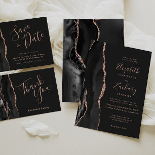 Chic Black Rose Gold Agate Dark Wedding RSVP Card
