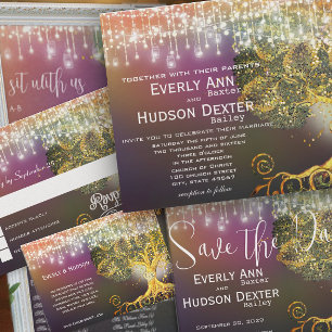 Yellow and Green Forest Lights Garland Wedding Invitation