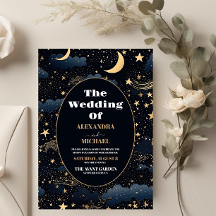 QR Code Celestial Midnight Blue Stars Moon Wedding All In One Invitation