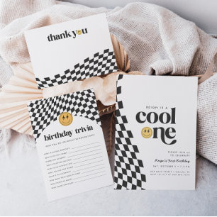 Cool One Boy's First Birthday Chequered Retro Thank You Card