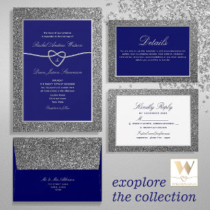 Glitter Silver Royal Blue Wedding All In One Invitation