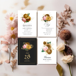 Vintage Blush Pink and Gold Floral Quinceañera RSVP Card