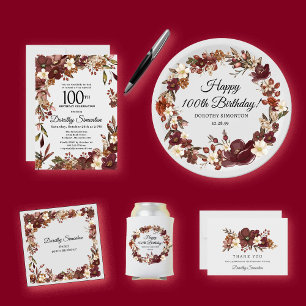 Burgundy Mauve White Fall Flower 100th Birthday Napkin