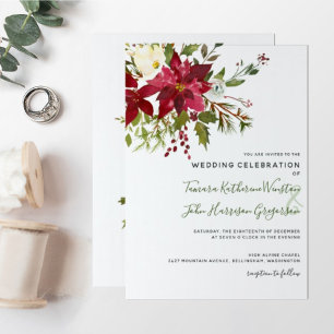 Photo Red Poinsettia Greenery Christmas Wedding Invitation