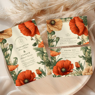 Vintage Poppy Floral Art Nouveau Wedding Invitation