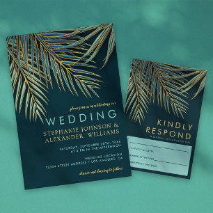 Modern Palm Gold Teal Tropical Beach Wedding Invitation