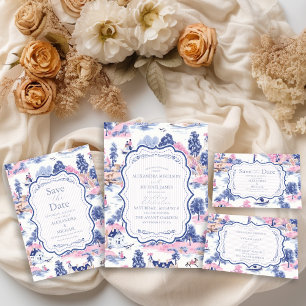 Elegant Baroque Blue French Garden Floral Wedding All In One Invitation