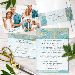 Save The Date Turquoise & Gold Marble 3-Photo Card