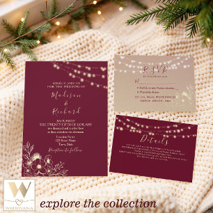 Burgundy Gold String Lights Wedding Invitation
