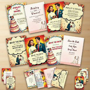 Vintage Retro Romantic Couple Comic Style Wedding Invitation
