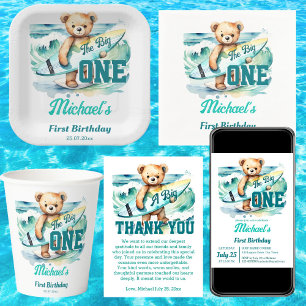 The big one surfing birthday party teddy surfboard thank you card