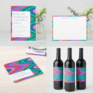 Groovy Colourful Curvy Lines Unique Retro Wedding Invitation