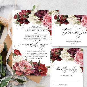 Boho Blush burgundy mauve peonies wedding brunch Invitation