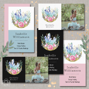 Boho Crescent Moon Crystal Cluster Pink Roses Business Card