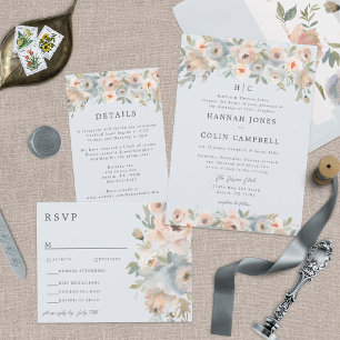 Cottage Garden Pastel Blue Peach Coral Invitation