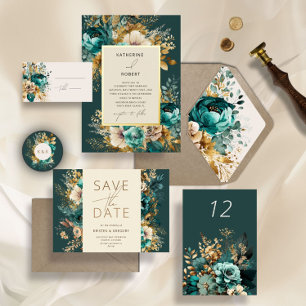 Watercolor Teal Gold Floral RSVP Card