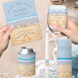 Chic Dusty Blue Hearts Sand Beach Wedding RSVP Postcard