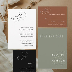 Simple Monogram Minimalist Wedding Black & White Invitation