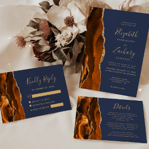 Burnt Orange Agate Gold Navy Blue Wedding RSVP