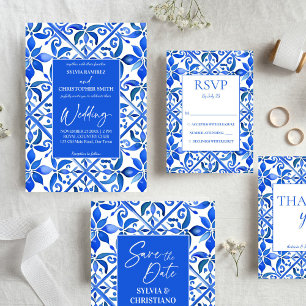 Blue Talavera tiles vintage Mexican wedding Save The Date