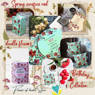 SPRING UNIQUE RED DOODLE FLOWERS BIRTHDAY  INVITATION
