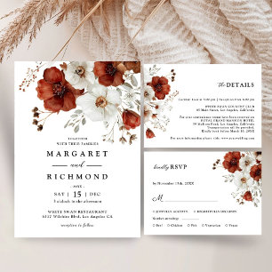 Red & White Rustic Watercolor Floral Wedding Invitation