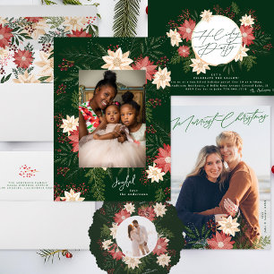 Elegant Holiday Party Poinsettia Wreath Green Invitation