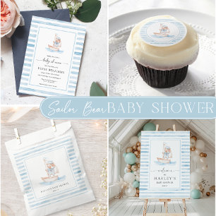 Sailor Bear Blue Stripe Baby Shower Invitation