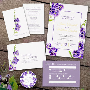 Purple sky flowers change of venue wedding invitation