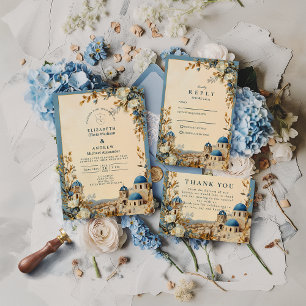 Santorini Blue Dome Botanical Elegance RSVP Card