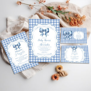 Cute Blue Bow Ribbon Gingham Baby Shower Invitation