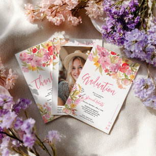 Modern photo Boho Pink Lavender floral graduation Invitation