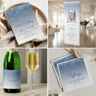 Sparkly Blue Glitter Drip 21st Birthday Party Sparkling Wine Label