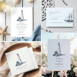 Nautical Seaside Lighthouse Dark Blue Wedding Napkin