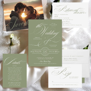 Classic Sage Green Calligraphy QR Code Two Photo Save The Date