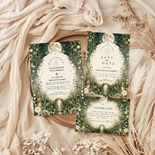 Elegant Green Celestial Wedding Thank You Card