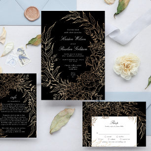 Modern Black Tuxedo Golden Pampas Monogram Wreath Invitation