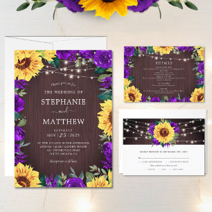 Rustic Sunflower Purple Floral Lights Wedding Invitation