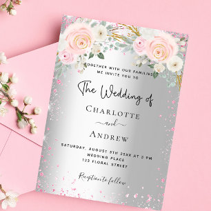 Silver pink florals glitter wedding invitation flyer