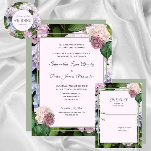 Summer Hydrangea Blossoms, Pink, Green, Wedding In Invitation