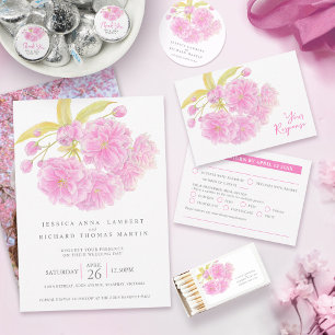 Pink blossom spring evening reception invites