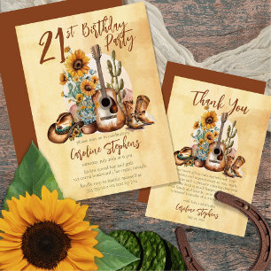 Boho Western Guitar Sunflowers 90th Birthday Party Invitation
