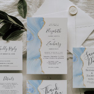 Modern Baby Blue Gold Agate Wedding Invitation