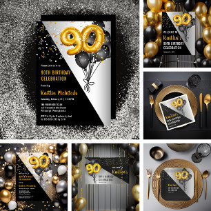 Balloons Elegant Black   Gold 90th Birthday Party Acrylic Invitations