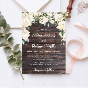 Elegant rustic wood greenery white floral roses invitation