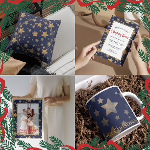 Merry Christmas Stars Vintage Elegant Gold Blue Ceramic Tree Decoration